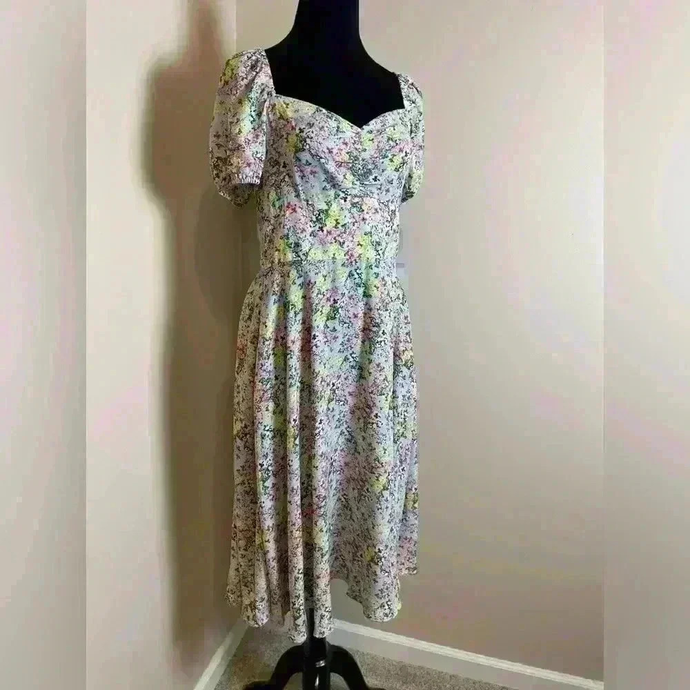 NWT Maison Tara Puff Sleeve Midi Dress Blue Floral Cottage Core Size 10 - Picture 2 of 10